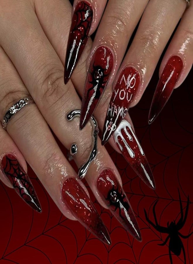 WAFOLOZE Halloween Press on Nails Long Tip Claret Ombre Fake Nails with Spider Web a Little Glitter Glossy Design, Artificial False Nails Press Ons Glue on Nails For Women - Image 1